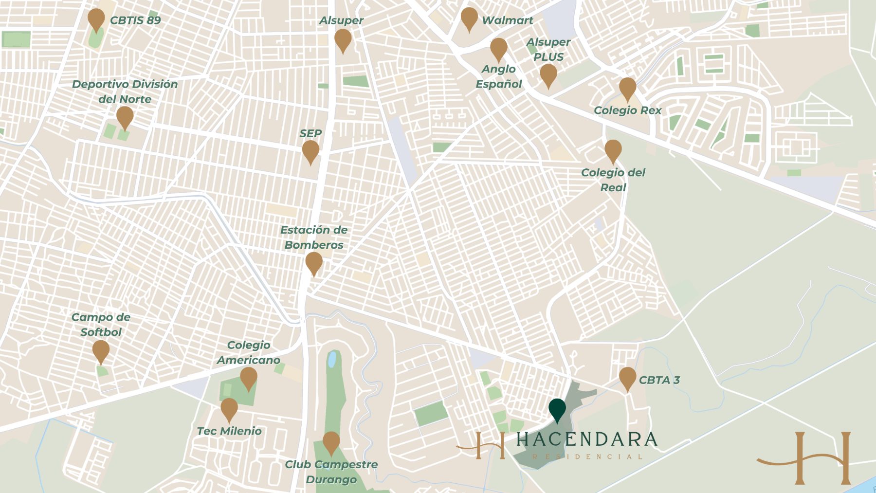 Mapa de ubicación de Hacendara Residencial en Durango con puntos de interés