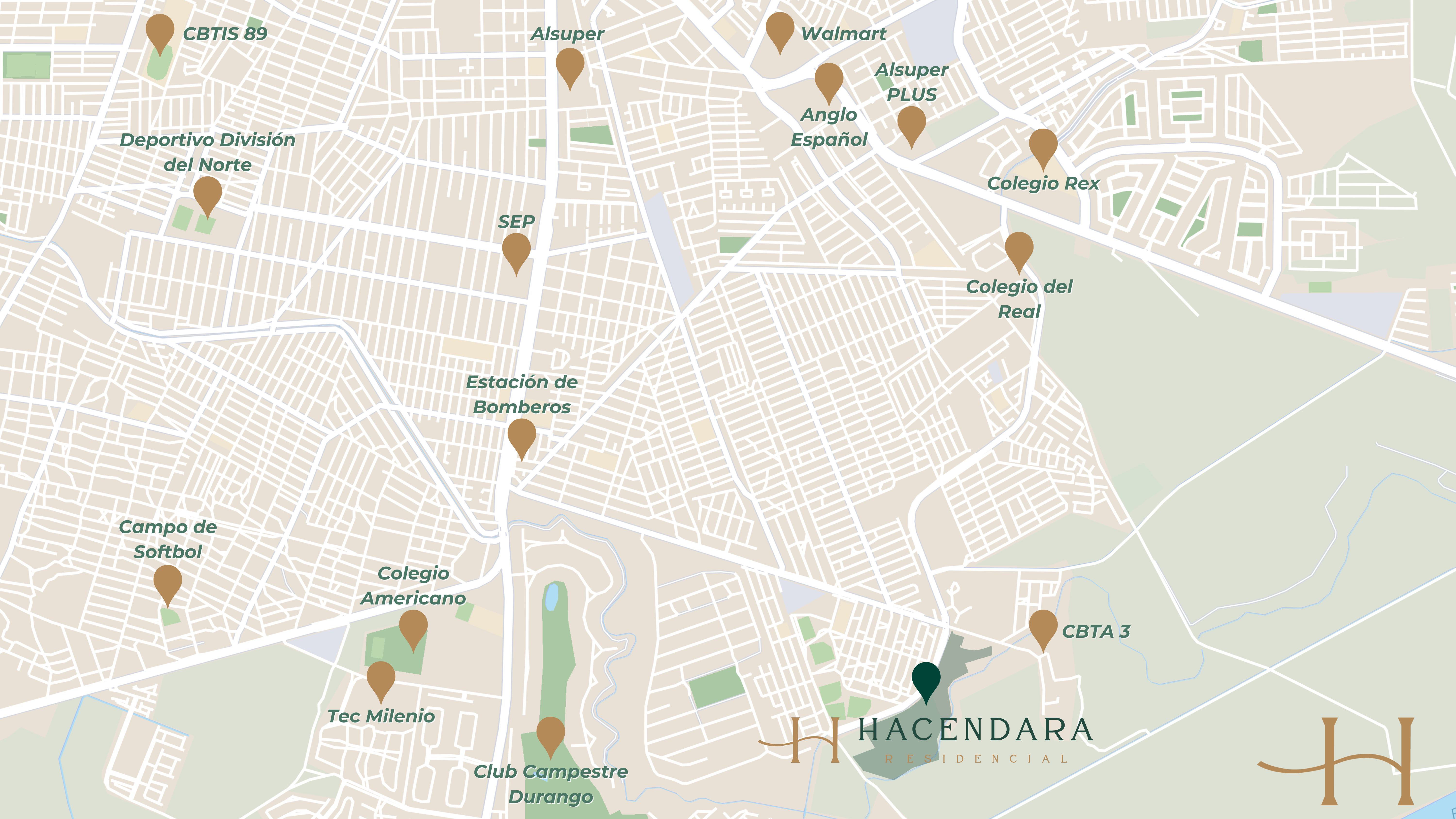 Mapa de ubicación de Hacendara Residencial en Durango con puntos de interés